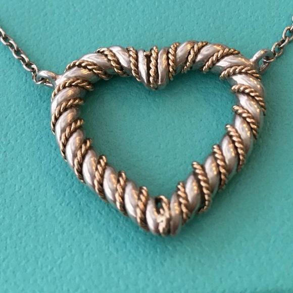 TIFFANY & CO. Vintage Silver (925) 18k Gold Heart Rope Pendant Necklace - Picture 2 of 11